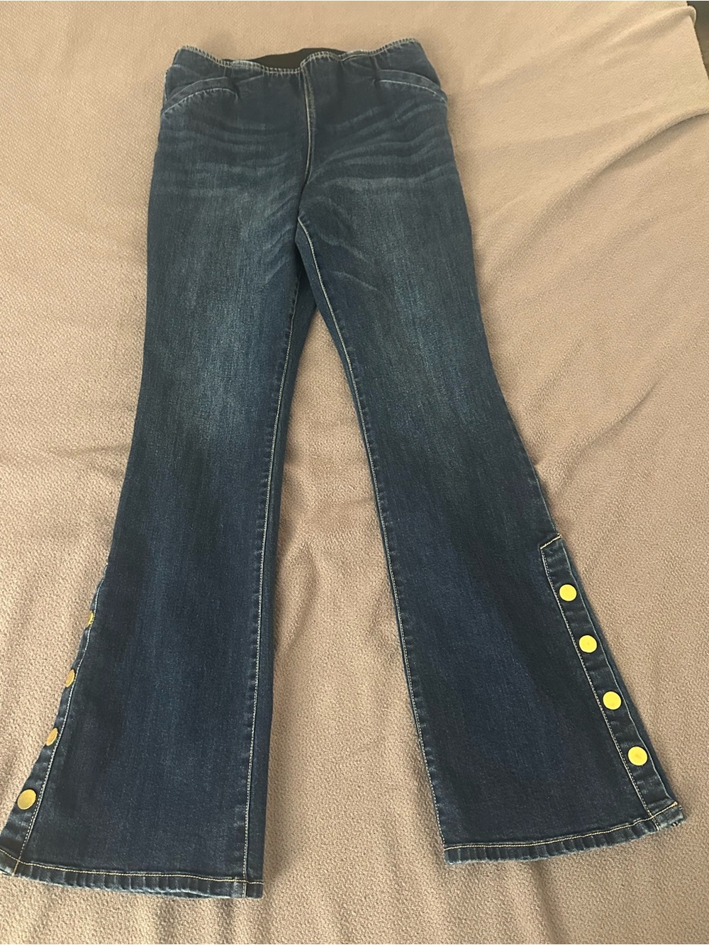 INC International Concepts Dark Blue Flare Jeans with Yellow Button Accents
